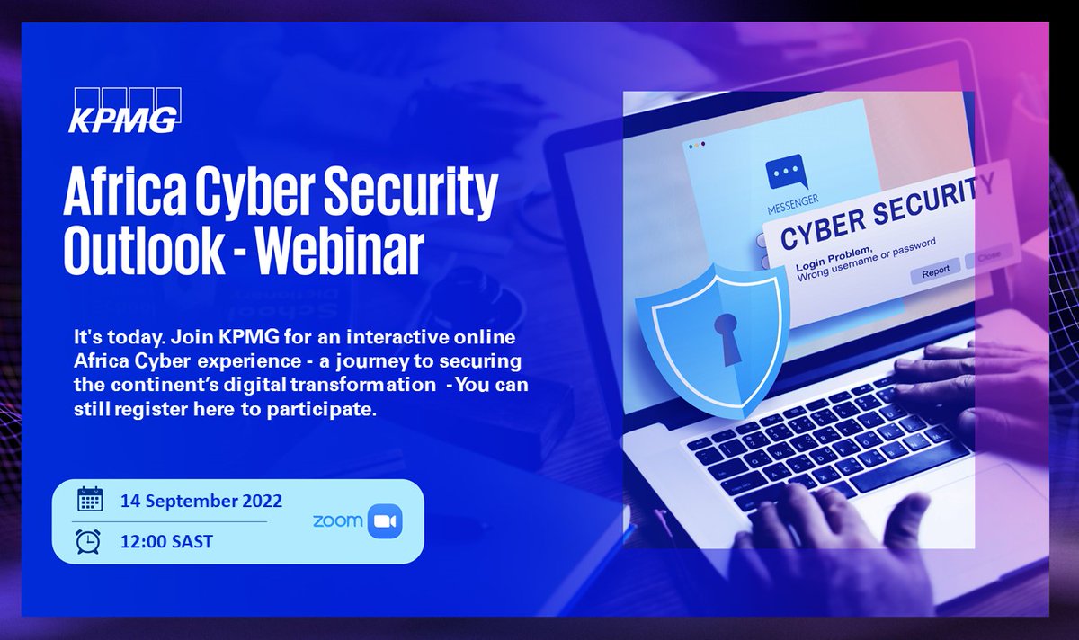 KPMG_Namibia's tweet photo. Today is the day! Join KPMG for an interactive online Africa Cyber experience - a journey to securing the continent’s #digitaltransformation.

You still have some time to register: https://t.co/n8JuEG55jy

#KPMGAfrica
#KPMGCyberOutlook https://t.co/iSXG8LJDpM