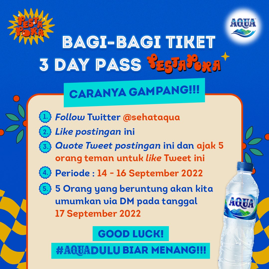 sehatAQUA's tweet photo. 🚨GIVEAWAY ALERT🚨
Like 💕 tweet ini buat dapetin tiket 3 day pass Pestapora🎟 Selain itu, kamu juga bakal dapet reminder untuk #AQUADULU

Yuk cek rulesnya dibawah ini ⬇️ https://t.co/lyTAYsGQxC