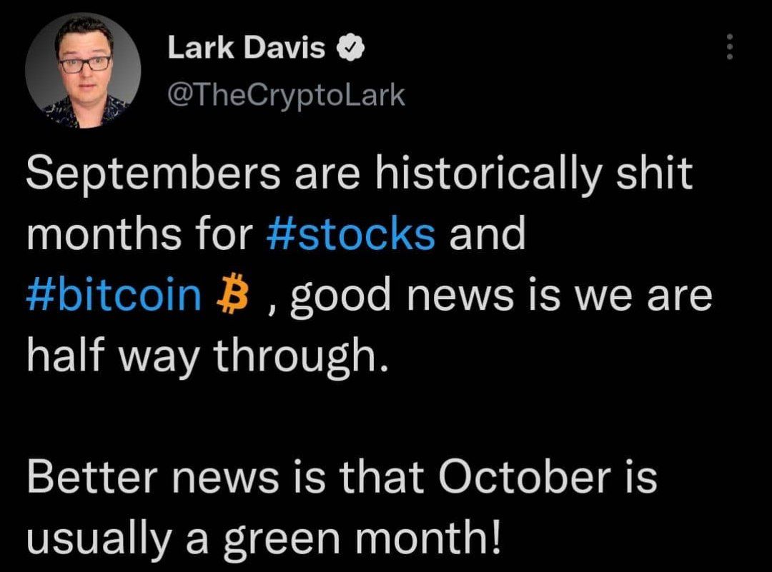 Morbit_trade's tweet photo. 📌لارک دیویس ،تحلیلگر بازار رمزارزها :
🔸️ سپتامبر از نظر تاریخی ماه بدی برای #سهام و بیتکوین است، خبر خوب این است که ما در نیمه آن هستیم.
خبر بهتر این است که اکتبر معمولا یک ماه سبز است!
📈 #morbit #موربیت #ارزدیجیتال #بیتکوین #بیت_کوین #صرافی_ارزدیجیتال #btc https://t.co/8Ir7Yx8CaN