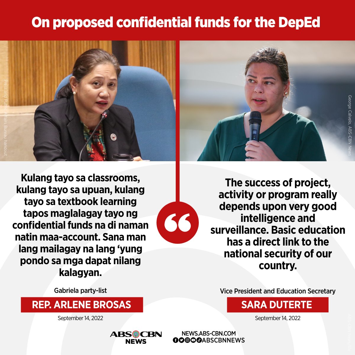 ABSCBNNews's tweet photo. Gabriela questions the proposed "confidential funds" for DepEd amounting to P150 million.

Vice President Sara Duterte says it is meant to address illegal activities targeting students and "so many issues" faced by DepEd.

READ: https://t.co/HaO5EhksRU https://t.co/IdUxTVXCLO