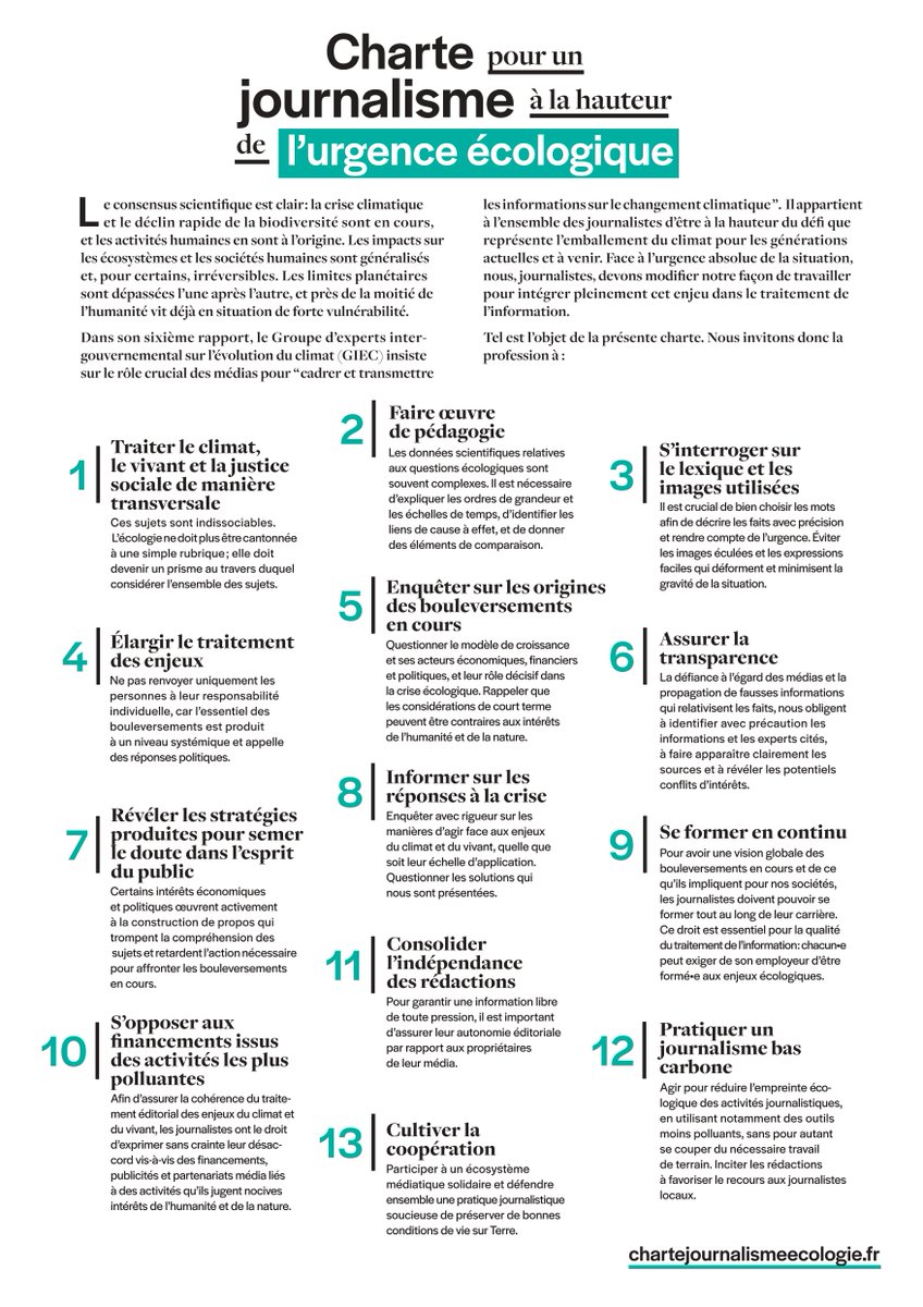 Aujourd’hui sort enfin la « Charte pour un journalisme à la hauteur de l’urgence écologique ». Un texte important et un intense travail de collaboration entre de nombreuses rédactions. 

Je vous raconte pourquoi, à l’heure de l’urgence climatique, il faut se coaliser 🧵
