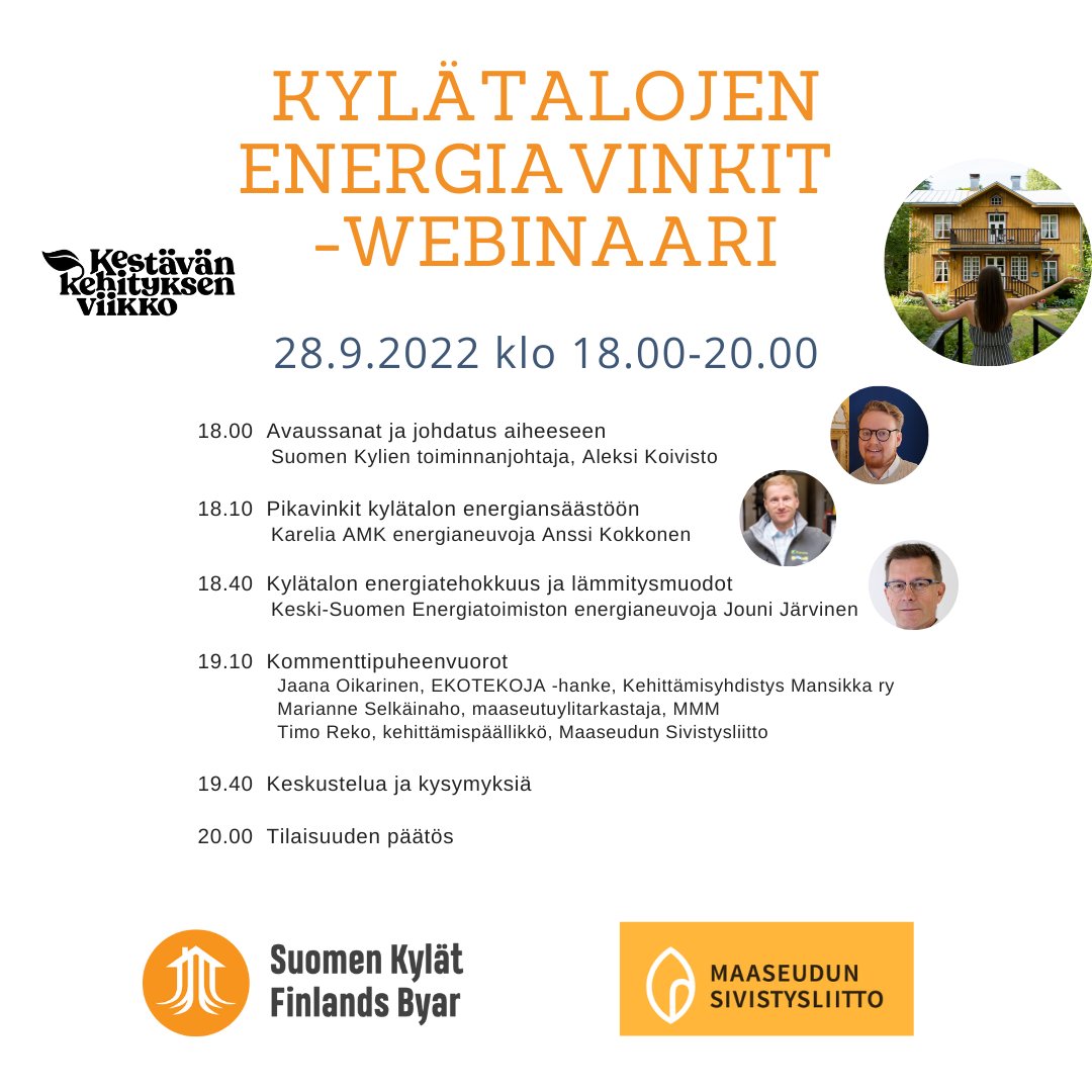 Kylätalot tarjoavat toimintaa ja kohtaamisen paikkoja maaseudun asukkaille. Kallis energian hinta kuitenkin kurittaa monen kylätaloa ylläpitävän yhdistyksen kukkaroa. Tule kuulemaan asiantuntijoiden vinkit energian säästöön ja ilmoittaudu webinaariin: forms.office.com/r/6Rs8z6XNiy