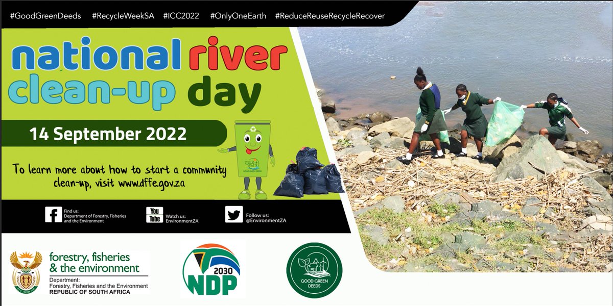 environmentza's tweet photo. Today is the National River #CleanupDay! We encourage everyone to get involved in River Clean-Up Day by removing litter from #rivers, streams, canals and any inland #water sources in your immediate area.
#RecycleWeekSA #OnlyOneEarth
#reuse #reduce #recycle #GoodGreenDeeds https://t.co/W0VuYVjUqx