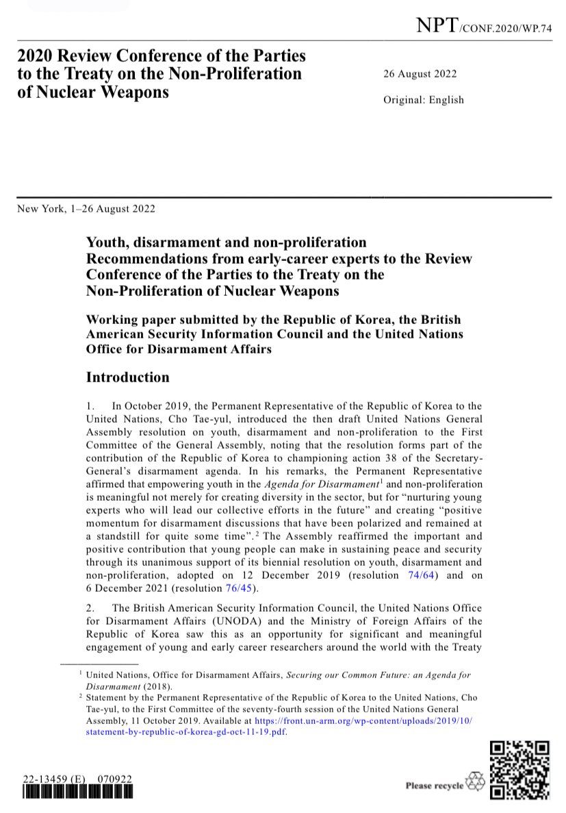 Don’t want to brag too much but if you go to the #NPTRevCon working papers, you’ll find a paper sponsored by @BASIC_int @UN_Disarmament and @ROK_Mission where I was one of the nonproliferation working group participants. un.org/sites/un2.un.o… check it out!