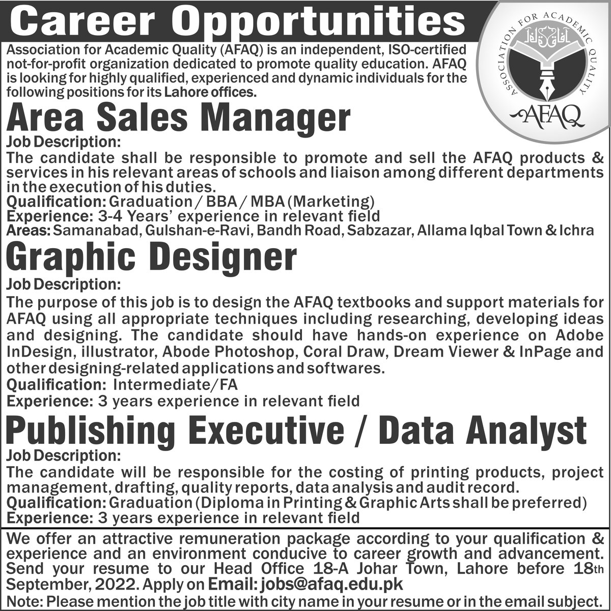 afaqofficial's tweet photo. AFAQ Job Alert 
Area Sales Manager
Graphic Designer
Publishing Executive/Data Analyst 
Last date to Apply: 18 September 2022
#AFAQ #AFAQofficial #jobsearch #careeropportunity #areasalesmanager #graphicdesigner #dataanalyst #Lahore https://t.co/gm3A6F39yW