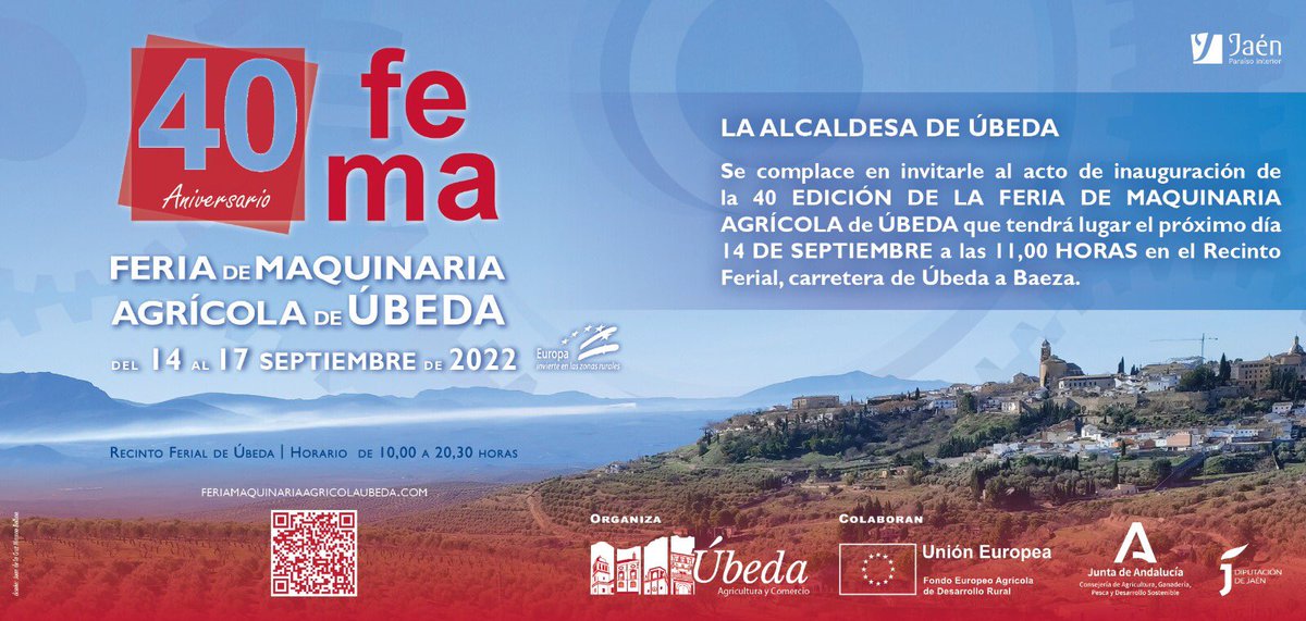 Alojam_Delgado's tweet photo. #RT @Turismodeubeda: RT @FemaUbeda: 🚜 FEMA 2022 🚜 | La alcaldesa de la ciudad Toñi Olivares, hace extensible su invitación a la ciudadanía, para la inauguración de la edición número 40 de la #FEMA22.
👉 Será a las 11 horas en el recinto feria.
Os es… https://t.co/zJU9IuMlrD