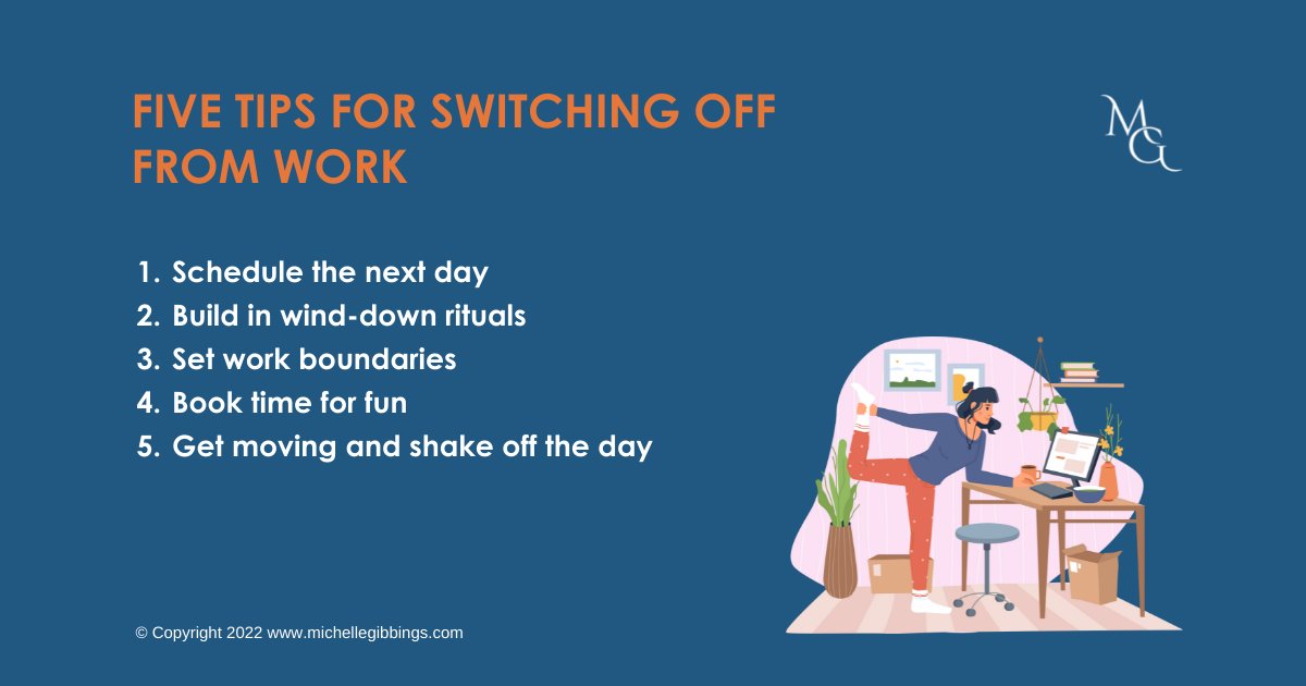 MichelleGibbing's tweet photo. As you wrap up your working day, you may find that switching off isn't easy. If that's you, here are five tips to help you switch off and recharge #switchoff #workingday #culture #workplace #workstress #mentalhealthatwork https://t.co/RZ19WuHXHd
