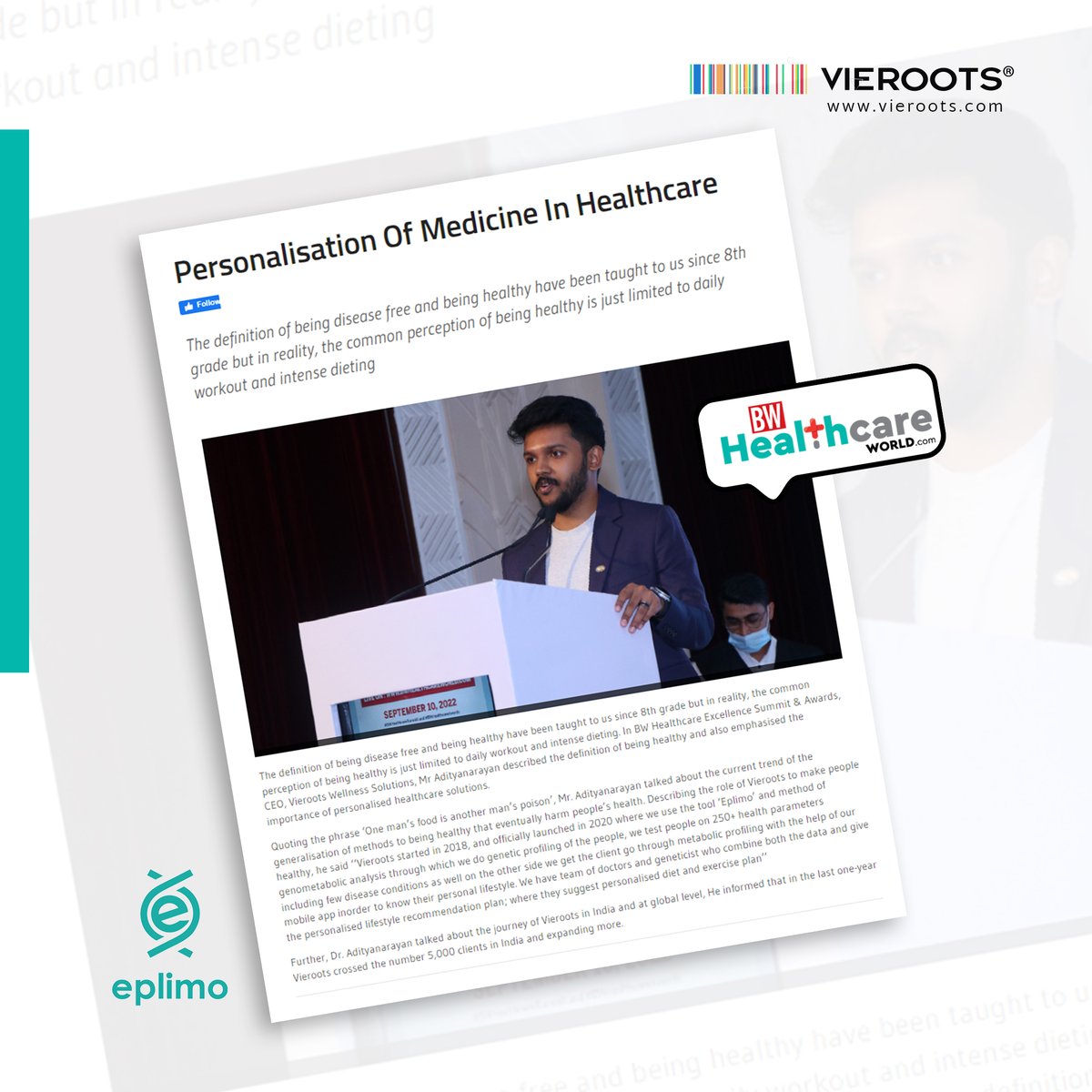 vieroots's tweet photo. Vieroots at the 6th Healthcare Excellence Summit and Awards 2022, celebrating the best of healthcare in India. 📰 🎖️
CEO of Vieroots, Mr. Adityanarayan emphasizing the attention on the Importance of Personalisation in Healthcare focusing through the concept of EPLIMO.🧬 https://t.co/wME8cqgtEb