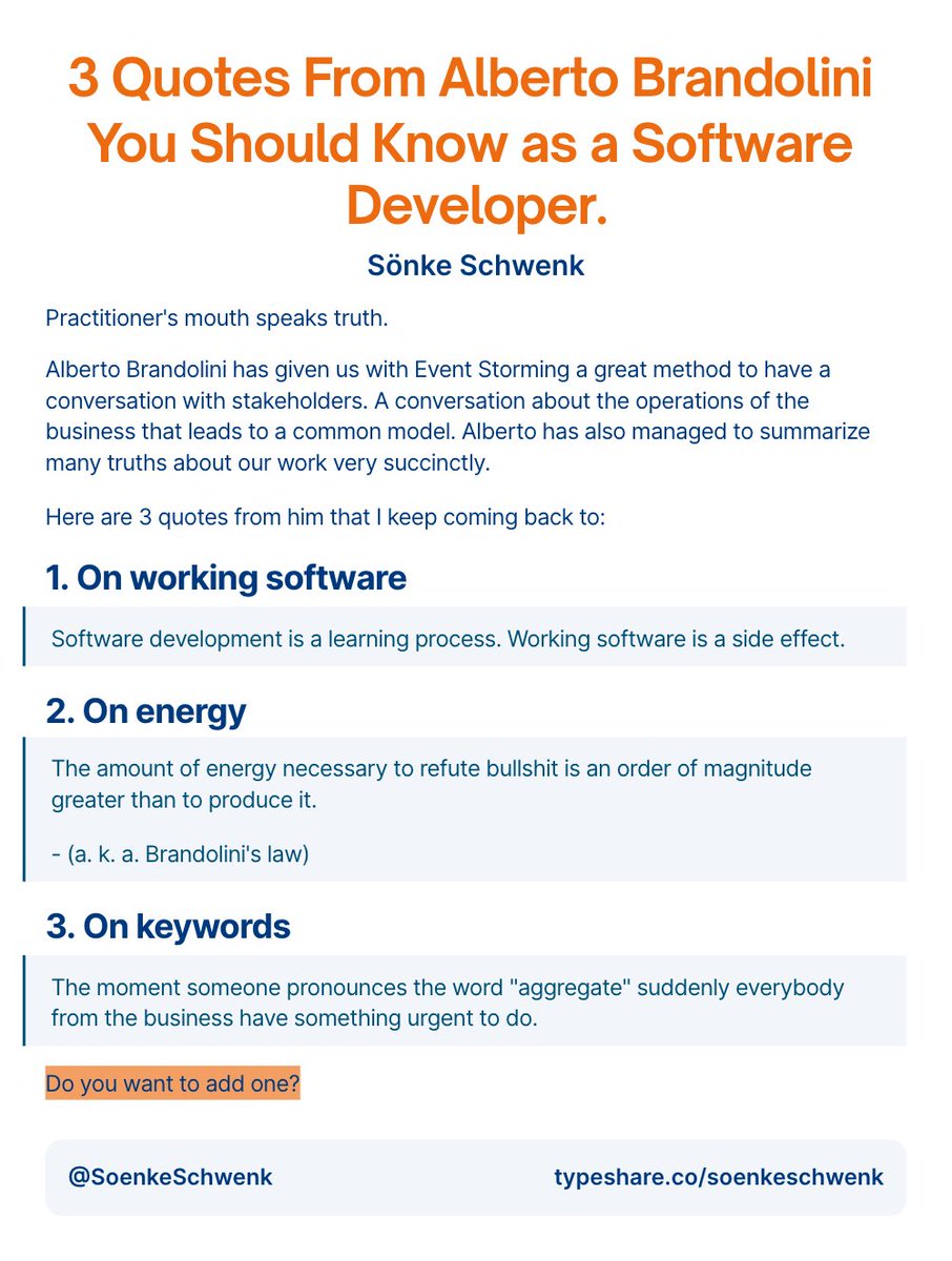 SoenkeSchwenk's tweet photo. 3 Quotes From @ziobrando You Should Know as a Software Developer.

#softwareengineering #softwaredevelopment #quotes https://t.co/cc8p3GciVJ