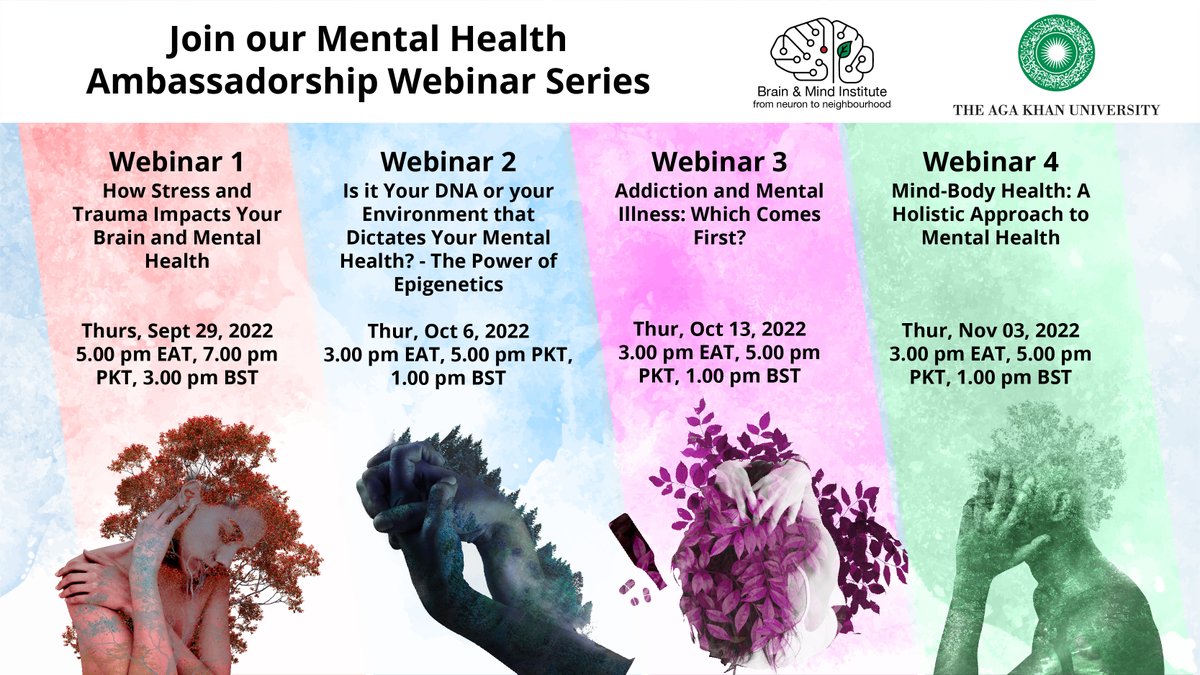 AKU_BMI's tweet photo. Let us take you on a #mentalhealth 4-part webinar series journey.

Come and learn about stress &amp; trauma, addiction,  genetics &amp; epigenetics, mind-body connection and their influence on your mental health.

Renowned speakers are lined up for you!

Register➡️https://t.co/VLokwfNGfq https://t.co/QqKbImEyUC