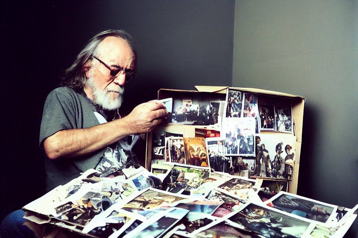 gettingstoked's tweet photo. Fade Away -- a grizzled old washed-up rocker looking through a box of memorabilia. Entry for 
#PromptHouse #MomentsInTime contest. Created using @midjourney https://t.co/vMwf8LW5gZ