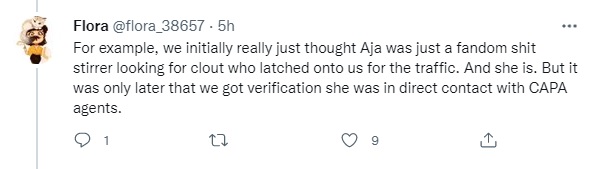 analyzing_media's tweet photo. (1/2) And here is another tweet of unverifiable content from Flora making allegations of @ajaromano that "we got verification she was in direct contact with CAPA agents". What verification? She's making all sorts of allegations that journalists are corrupt without proof. https://t.co/LCLUq9Jr6o