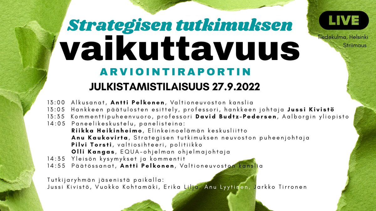 Vielä on viikko aikaa ilmoittautua mukaan kuulemaan <a href="/Akatemia_STN/">Strateginen tutkimus</a> vaikuttavuuden arvioinnin tuloksia ja paneelikeskustelua aiheesta. 

Lisätietoa ja ilmoittautuminen 22.9. mennessä 👇🏻

tuni.fi/fi/ajankohtais…