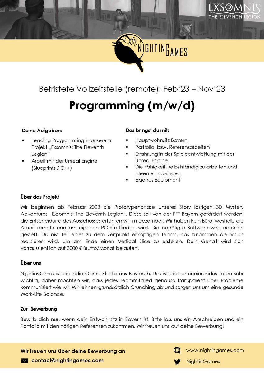 NightinGames's tweet photo. Hey, #gamedevs!

NightinGames hat voraussichtlich ab Februar für 10 Monate zwei Vollzeitstellen remote zu vergeben. Wir sind auf der Suche nach einem Programmierer und einem 3D Artist. Weitere Informationen zum Projekt und uns gibt's auf der Website oder in den Ausschreibungen 👇 https://t.co/HTwWcTFOnN