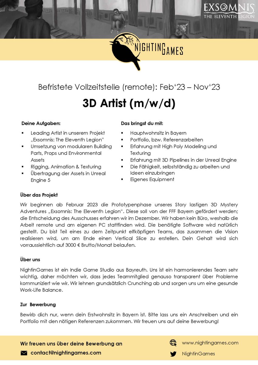 NightinGames's tweet photo. Hey, #gamedevs!

NightinGames hat voraussichtlich ab Februar für 10 Monate zwei Vollzeitstellen remote zu vergeben. Wir sind auf der Suche nach einem Programmierer und einem 3D Artist. Weitere Informationen zum Projekt und uns gibt's auf der Website oder in den Ausschreibungen 👇 https://t.co/HTwWcTFOnN