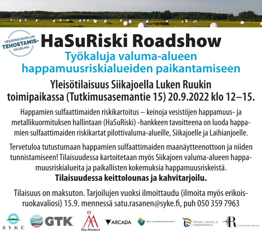 HasuRiski's tweet photo. Vielä ehtii ilmoittautua yleisötilaisuuteen! Tilaisuudessa esitellään happamien sulfaattimaiden näytteenottoa ja pikatunnistusmenetelmiä sekä happamuuspotentiaalin arviointia @siikajokilaakso @siikalatva @Tyrnavan_kunta @LiminganKunta @KempeleenKunta @oulunkaupunki https://t.co/xgbGrME9ox