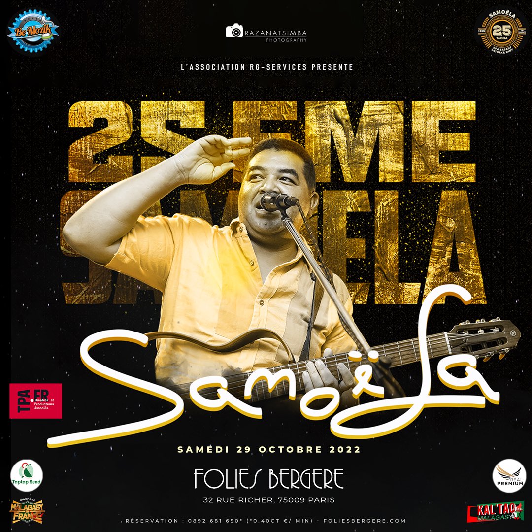 razanatsimba's tweet photo. Samoëla et son groupe sera parmi nous à Paris aux Folies Bergère pour fêter ses 25 ans de scène, soyez parmi nous 🙂. Réservation au https://t.co/DZIARyjZ1H #Madagascar #Paris https://t.co/Y3W6Yq4lWR