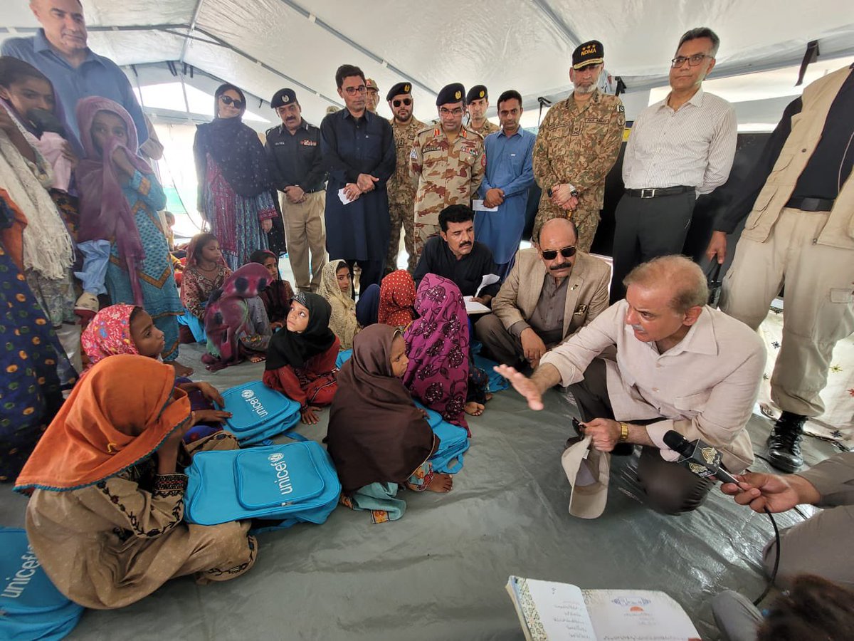 Prime Minister Muhammad Shehbaz Sharif visits a school set up at the flood relief camp in District Suhbatpur/Balochistan