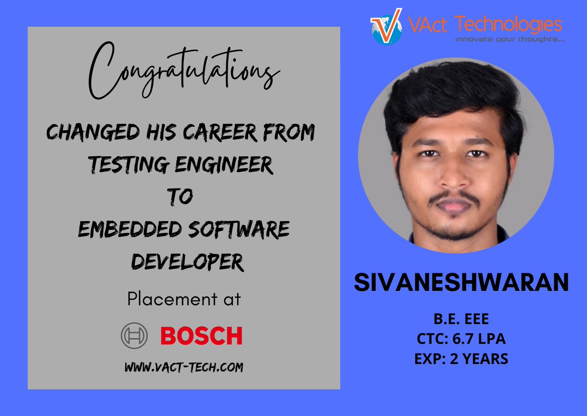 VActTechnology's tweet photo. Mr. Sivaneshwaran having 3years in Tester was able take our #embedded #training and successfully placed in #Robertbosch as Software Developer
#embeddedsystemssystems #training #engineers #embedded #embeddedengineer #embeddedsoftware #embeddedjobs #vact #vacttechnologies https://t.co/CKDp9FuisT