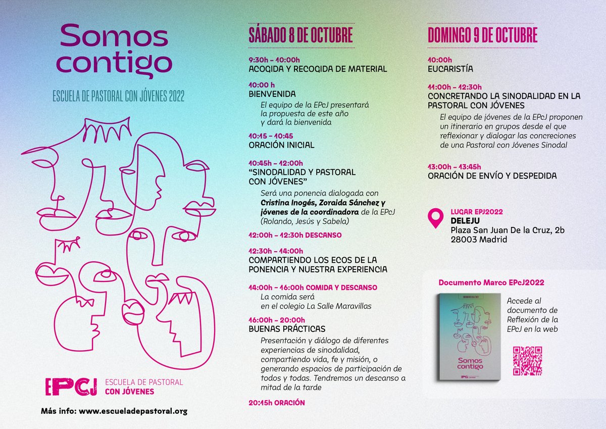 📢 YA ESTÁ DISPONIBLE el programa de la EPcJ2022!!! 🎉

Ya tienes disponible el Programa de esta EPcJ en el que se combinan momentos de oración, con encuentros, diálogos y espacios para compartir experiencias.

👉escueladepastoral.org/un-programa-pa…