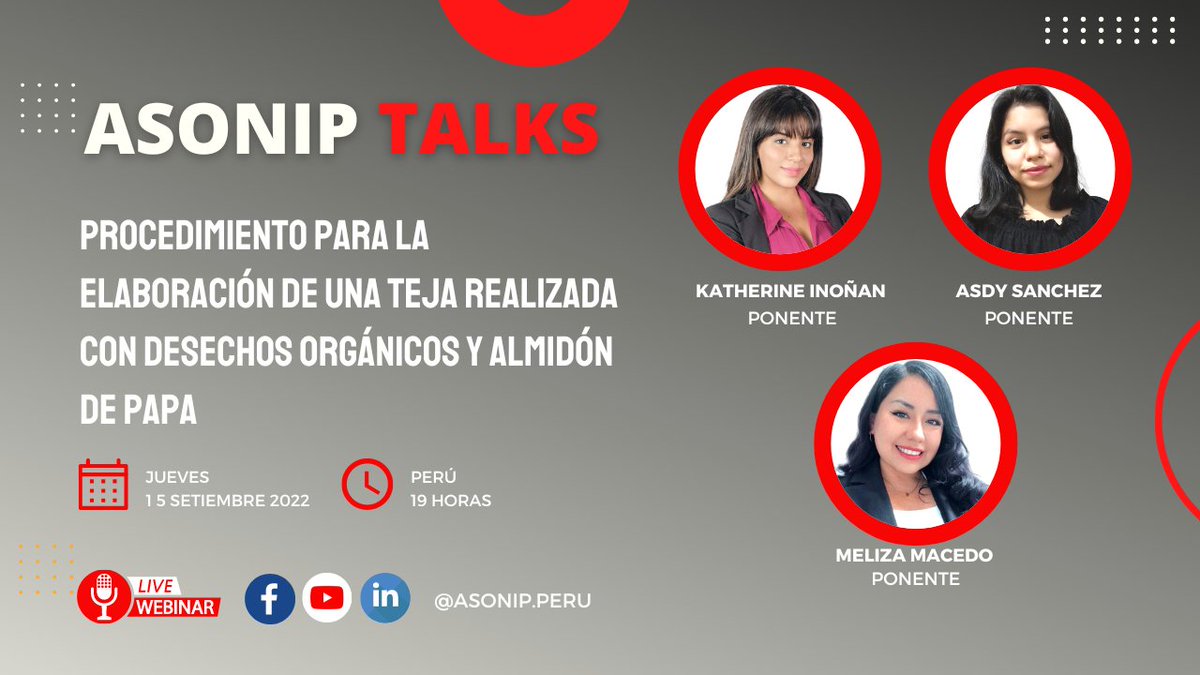 Asonip_Peru's tweet photo. #AsonipTalk: "Procedimiento para la elaboración de una teja realizada con desechos orgánicos y almidón de papa"

📢🇵🇪 Katherine Inoñan Monge
📢🇵🇪 Asdy Sanchez Barrientos
📢🇵🇪 Meliza Macedo Heredia

🗓 15 de septiembre de 2022
🕕 7:00 p.m. (Perú)
🔴 Facebook, Youtube y Linkedin https://t.co/Wcdx3B6H9x