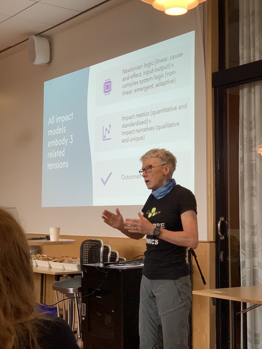 eivinden's tweet photo. 3 tensions in the understanding of impact outlined by ⁦@trishgreenhalgh⁩  : linear logic vs complex systems, metrics vs narratives,  outcome vs processes #postdoctoralprogramme https://t.co/q0dfJzr1pS