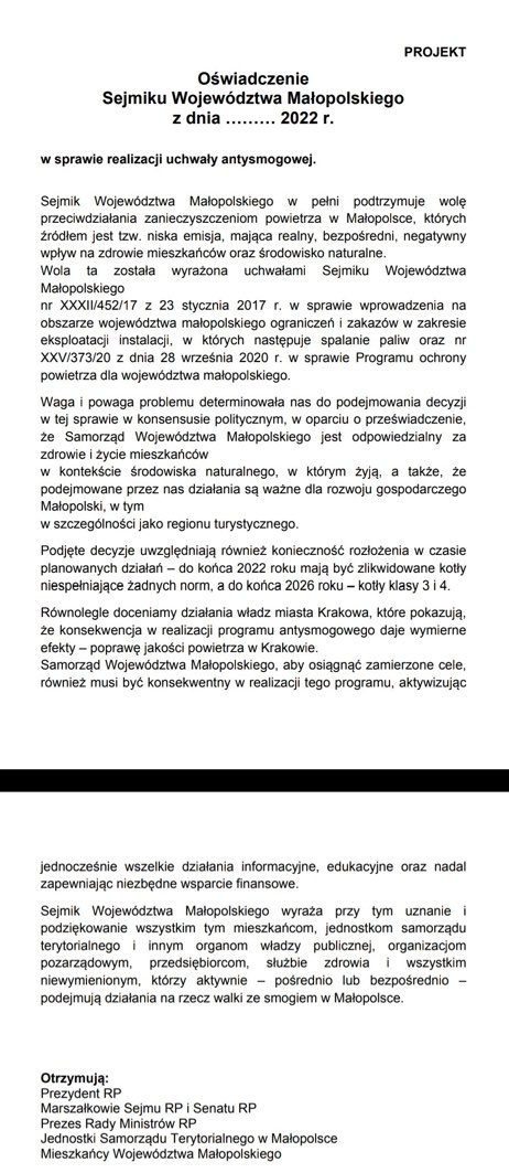 Waga i powaga problemu skłoniła nas do wystąpienia z wnioskiem o zwołanie Nadzwyczajnej Sesji Województwa Małopolskiego w sprawie realizacji uchwały antysmogowej.
W oparciu o przeświadczenie, że małopolski samorząd jest odpowiedzialny za zdrowie i życie mieszkańców!