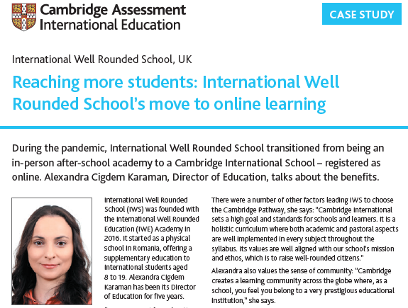 CambridgeInt's tweet photo. International Well-Rounded School shares their story about becoming an online school in a new case study available to download as a PDF at https://t.co/Is9LitaKys

Find out more about our approach to #OnlineEducation at https://t.co/NmyxYa5viD https://t.co/WkX6LS7Ble