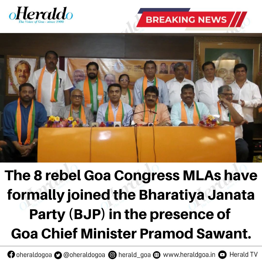 oheraldogoa's tweet photo. The 8 rebel #GoaCongress MLAs have formally joined the Bharatiya Janata Party (@BJP4Goa) in the presence of #Goa Chief Minister @DrPramodPSawant.
#BreakingNews #Goa #GoaBJP #CongressSplit @goacm @PMOIndia @digambarkamat @MichaelLobo76 @DelilahLobo77 @KedarNaik @SankalpAmonkar https://t.co/ARnUWMuHAV