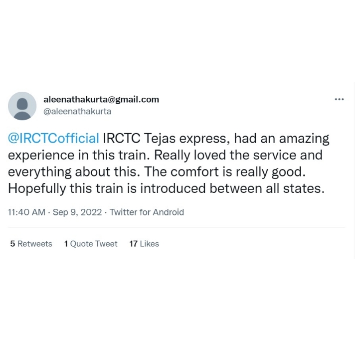IRCTCofficial's tweet photo. We at #TejasExpress always aspire to make our passenger's travel experience most comfortable. Here are a few passenger feedbacks on Tejas Express services. #TejasExpress #GoTejasGo https://t.co/CpDlo0xwEr