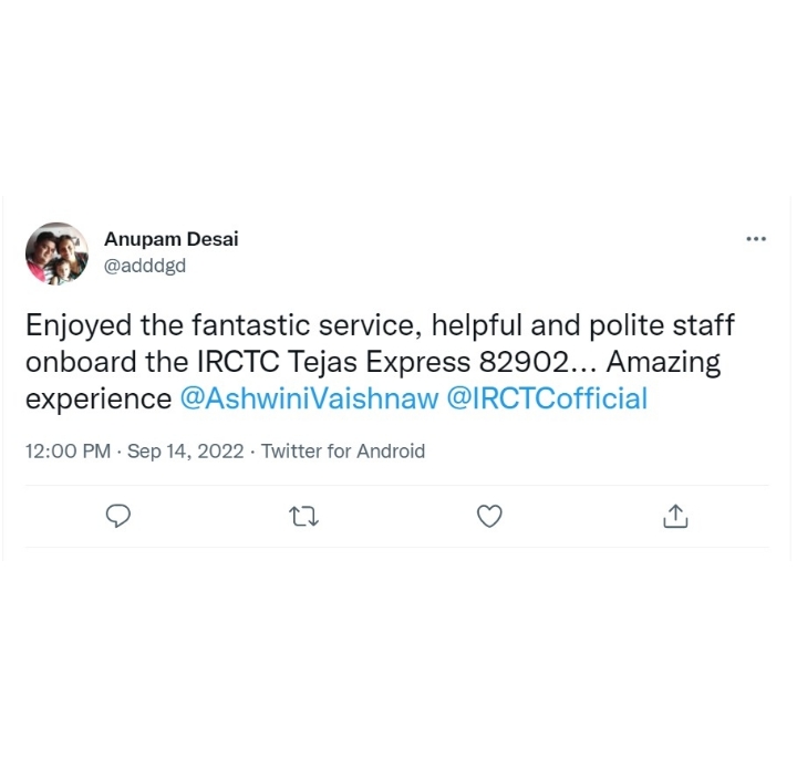 IRCTCofficial's tweet photo. We at #TejasExpress always aspire to make our passenger's travel experience most comfortable. Here are a few passenger feedbacks on Tejas Express services. #TejasExpress #GoTejasGo https://t.co/CpDlo0xwEr