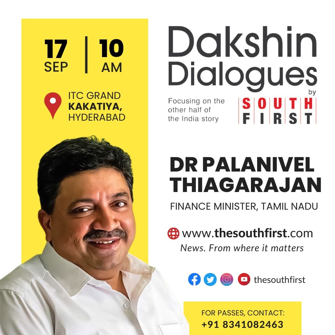 TheSouthfirst's tweet photo. Has India lost the spirit of Federalism? Watch 
@ptrmadurai present his views only at #DakshinDialogues2022. 
Join us at ITC Kakatiya, Hyderabad, on 17 Sept. 

Contact +91-8341082463 via WhatsApp for details.

#SouthFirst #TheSouthFirst #DakshinDialogues #FederalIndia #Federalism https://t.co/QJbpQTlLFH