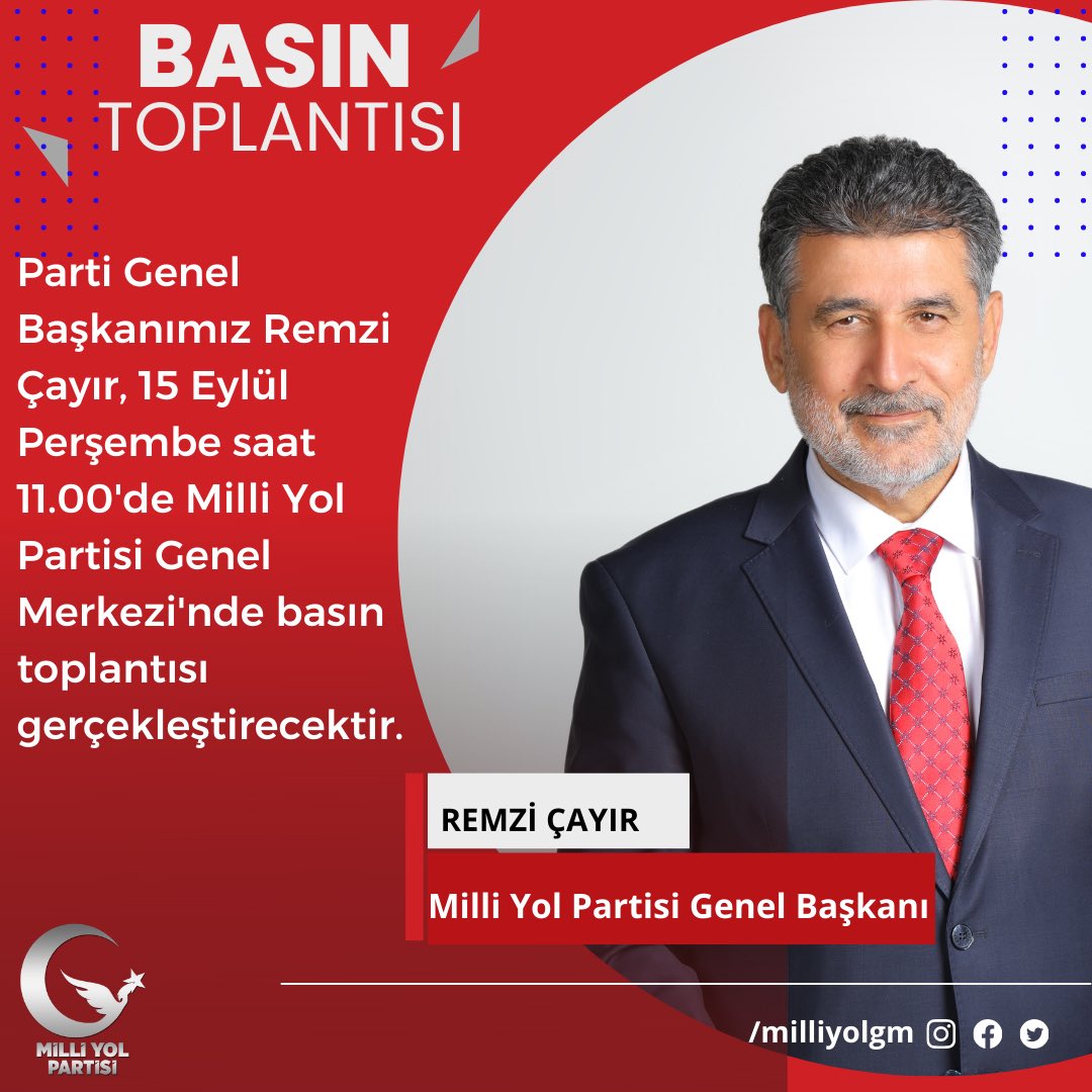 Genel Başkanımız Sayın Remzi Çayır, haftalık basın toplantısı düzenleyecektir. Basın Toplantısı Instagram ve Facebook hesaplarından canlı yayınlanacaktır.  

🗓️  15 Eylül Perşembe (yarın)
🕥  11.00'de
📍  Parti Genel Merkezimizde