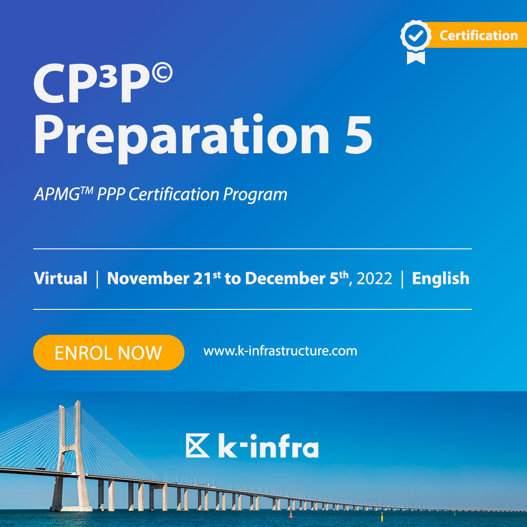 K_Infra's tweet photo. Enrolment open! Sign up for the 5th virtual edition of the Certified PPP Professional (CP³P©) Preparation course.

For more information or to enroll now, click here: https://t.co/TdqooPRrQr https://t.co/kRx4Sg2VxY