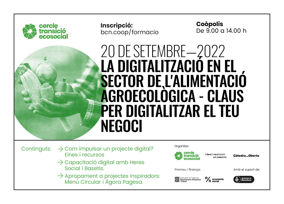 📣 #AlimentacióSostenible i #Digitalització amb recursos i eines, projectes inspiradors i capacitació digital

📅  20 setembre
📍a <a href="/coopolis_bcn/">Coòpolis Barcelona</a>

✍️  Més info i inscripcions (Places limitades, afanyeu-vos) matchimpulsa.barcelona/alimentacio-so…