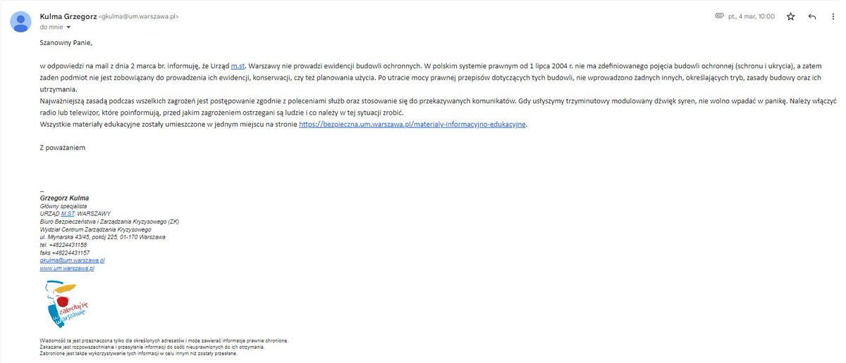 #schron #wojnanaukrainie #wojna2022 Jakiś czas temu obiecałem pokazać Wam, jak wygląda stan zabezpieczenia Warszawy pod względem budowli ochronnych. Poniżej skan zapytania i odpowiedzi, jakie dostał jeden z kolegów. Zwróćcie uwagę na datę 2 marca 2022r. Czujecie się 1/X