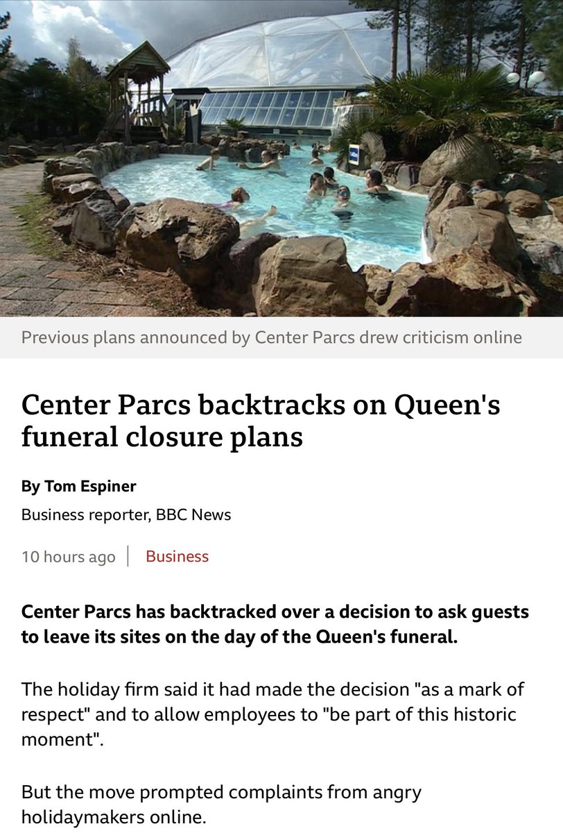 adrianbarker_'s tweet photo. The idea that @CenterParcsUK or anything similar would close for a funeral is utterly moronic. It’s painful how tone deaf some businesses are towards the queen’s death. 🤦🏼‍♂️ https://t.co/s0Xp3afW7M