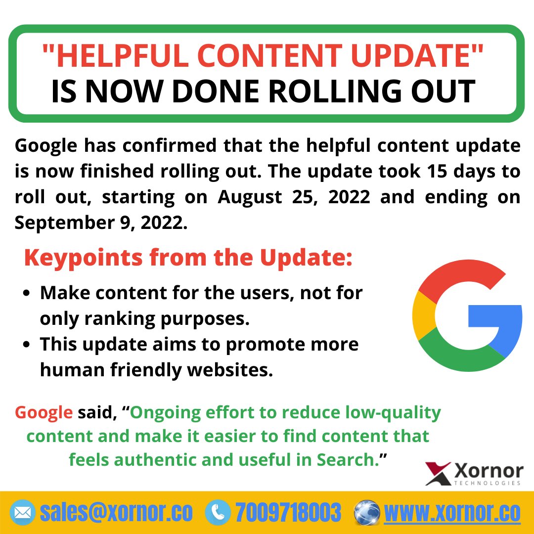 xornortech's tweet image. Google has confirmed that the &quot;helpful content update&quot; is now finished rolling out. The update took 15 days to completely roll out. Contact the team of Xornor technologies for further details.
#googleupdate2022 #helpfulcontentupdate #seotips #searchengineoptimization #SEM