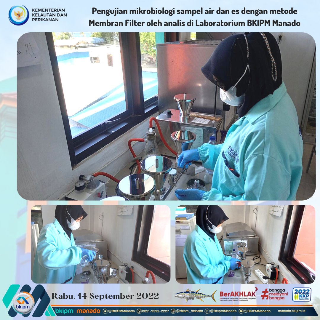 BKIPMBitung's tweet photo. 14 September 2022 #KKPAccelerate 
Kegiatan pengujian sampel air dan es dengan metode membran filter oleh analis di Laboratorium BKIPM Manado. 
@bkipm_kkp 
@BKIPMManado 
@Muhlin21 
@pondaag_vera 
@DollyRawung 
@like_watung https://t.co/JCqUbc6jd5