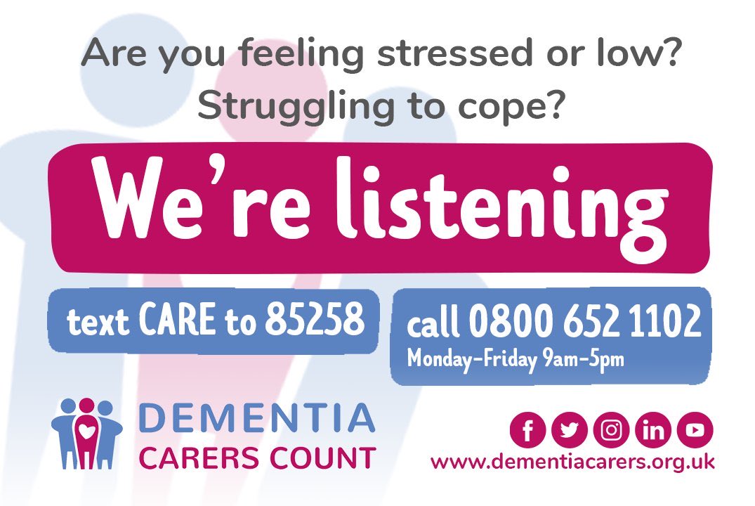 For anyone looking after a partner or family member with dementia there’s a NEW  free number to call for support and information 0800 652 1102. #dementiacarers #Alzheimer @DemCarersCount