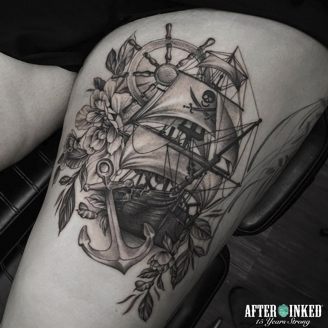 AfterInked's tweet photo. #Shiptattoos symbolize the love of freedom, adventurous souls and the courage of the brave. Ships also represent persistence and endurance. #Ship #blackandgrey #afterinked #proudusers #formulatedforperfection #afterinkedeveryday #tattooaftercare #inkseal #npj #vegan #evaperez.art https://t.co/FSz6dMlpV7
