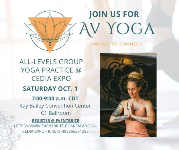KMB_Comm's tweet photo. All-levels #AVyoga @ #CEDIAExpo on 10/1! Hosted by us, led by Sunshine Yoga & spnsrd by @kaleidescape, @NuTechGroup @PureTechAlliance Apex Technologies @LeonSpeakers @ControlSTL @CEDIA & @DTools. First 30 registrants get free mat!https://t.co/QSy3A6jvOL #AVNews #avtweeps https://t.co/APRbapY6VF