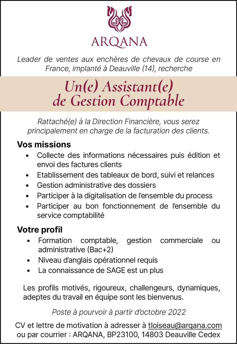 InfoArqana's tweet photo. 📢 Afin de renforcer son équipe, ARQANA recrute un(e) Assistant(e) de Gestion Comptable 

📨 CV et lettre de motivation à adresser à Tony Loiseau à tloiseau@arqana.com

Poste à pouvoir à partir d'octobre 2022 https://t.co/8ls0xOLf3m