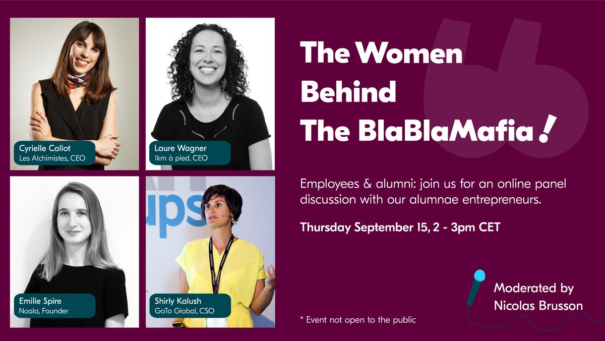 Tomorrow I'll be moderating a panel with 4 BlaBlaCar alumnae: <a href="/shirlykalush/">shirly</a>, <a href="/laurewagner/">Laure Wagner</a>, <a href="/CyrielleCallot/">Cy</a> and Emilie Spire. All started a company after <a href="/BlaBlaCar/">BlaBlaCar</a> with a strong social and/or environmental mission. Event not open to public but will share insights. #BlaBlaMafia