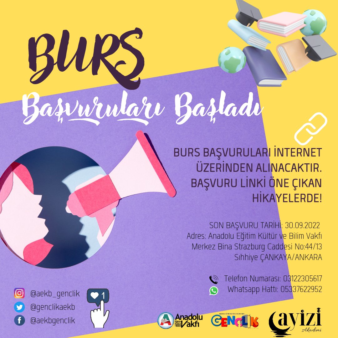 genclikaekb's tweet photo. Burs başvuruları başladı. Aşağıdaki linkten başvurunuzu yapabilirsiniz. 🙏🌸
https://t.co/AvBBxfoSBj

#burs #öğrencibursu #karşılıksızburs https://t.co/SG37neF4V3