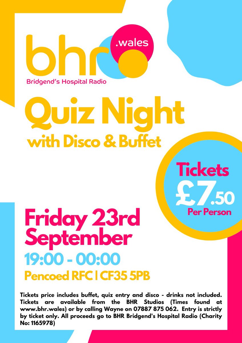 bhrwales's tweet photo. 🎟 Tickets are still available for our BHR Bridgend's Hospital Radio Fundraiser on 23rd Sept at Pencoed RFC 🎟

🏉 Raffle tickets also available now at £1 a strip with a chance to win tickets to a Wales Autumn International Game!!! 🏉

😀 Drop us a message for tickets 😀 https://t.co/bMbmOYKAbX