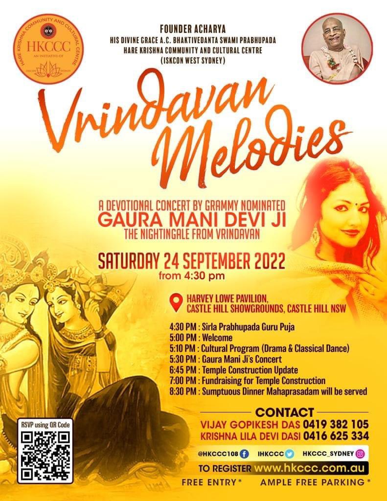 IHkccc's tweet photo. #Vrindavanmelodies
Devotional concert by Gaura Mani Devi Ji on Saturday 24 Sep 2022 at Castle Hill Showgrounds

Free Entry

Register from https://t.co/O6FGeaORQZ https://t.co/o0YkapIFy8