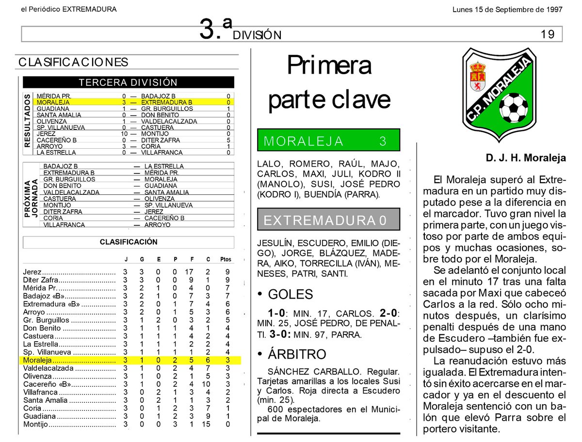 CORIADEPORTIVA's tweet photo. 📜 #TalDiaComoHoy hace 25 años, -14 sep. 1997- el @moralejacp ganaba su primer partido en 3a división.
🗓️ Jornada 3 | 1997/1998 | CP Moraleja 3-0 Extremadura B. 🗞️📰
 #HistoriaDelCPMoraleja https://t.co/htJWaeCkRW