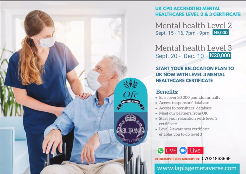 BoostYourE's tweet image. Make your CV/Profile bigger &amp;amp; more attractive with a UK CPD Accredited Certificate.

MENTAL HEALTHCARE LEVEL 2 &amp;amp; 3 AWARENESS CERTIFICATE

Date: Sept 15th - 17th, &amp;amp; Sept 20th - Dec 10th 2022
Time: 7-9pm
Venue: WhatsApp
Fee: FREE

•chat.whatsapp.com/JweHR0GBqMr2Mm…