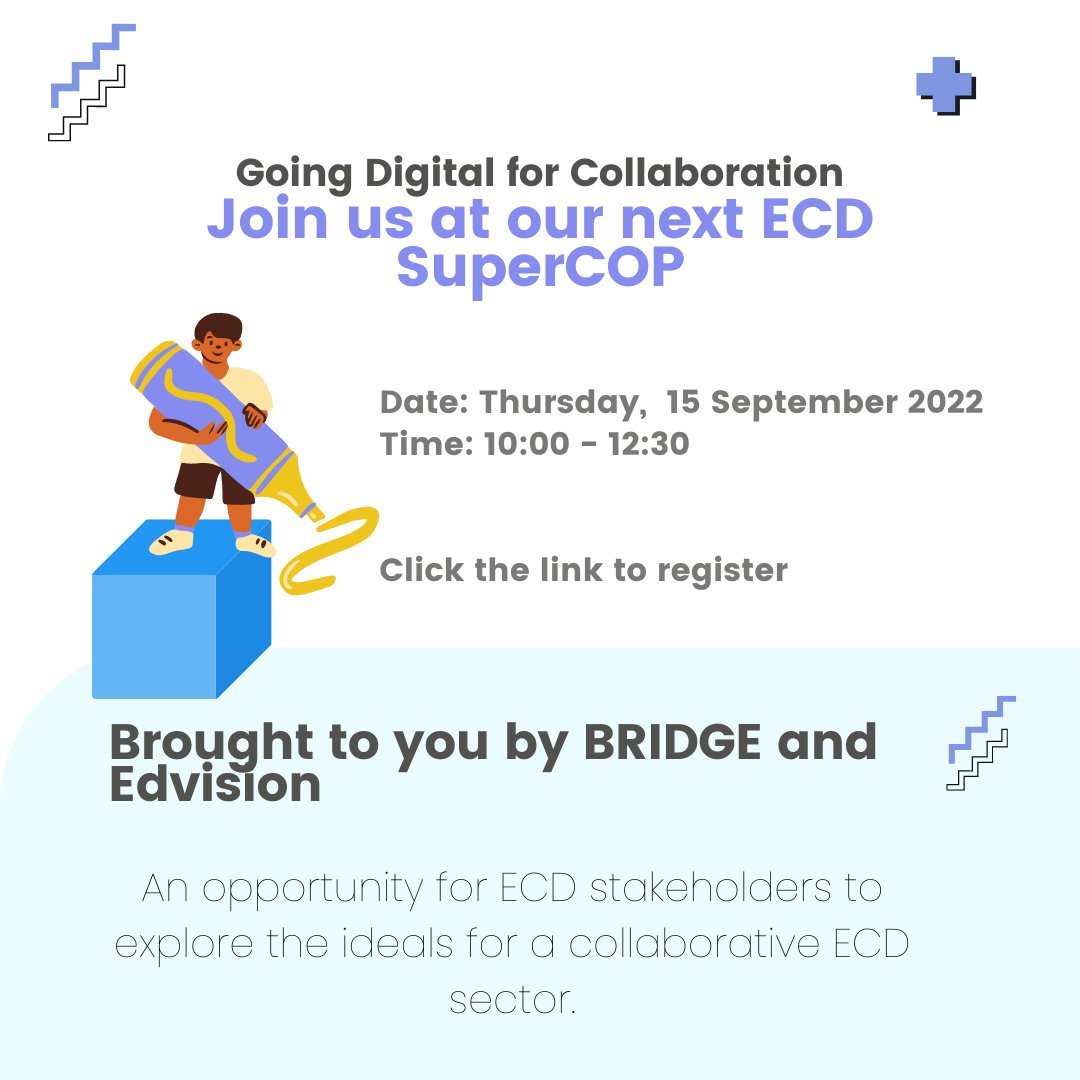 BridgeProjectSA's tweet photo. [Final Call] Join our Super CoP in partnership with @Edvision_ZA tomorrow for a chance to explore the ideals for a collaborative ECD sector and explore the practicalities of a digital tool that aims to facilitate collaboration.
Link to register here: https://t.co/SYBVcfmuvm
#ECD https://t.co/P2QPlLhHif
